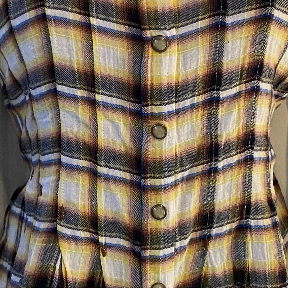 EUC yellow plaid blouse,Free People,pintuck waist, peplum,crochet trim,size S - Picture 4 of 14